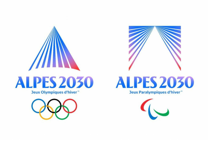 Logo officiel des Jeux Olympiques d'Hiver 2030 dans les Alpes françaises, accueillis à Montgenèvre.