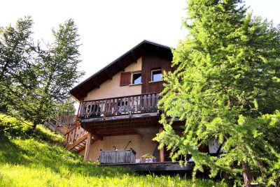 Façade principale en vieux bois du chalet Le Mouflon, entourée par son grand jardin verdoyant sous le soleil d'été à Vars les Claux.